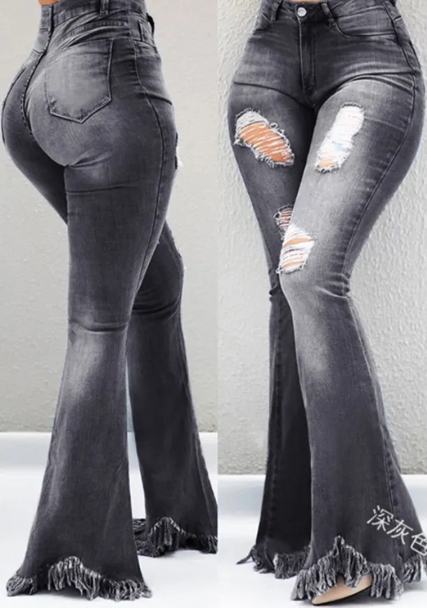 Cool Fashion Personality, Worn Out Holes, White High Waisted Jeans, Thin, Fringed Fringe Weird Denim Jeans For Ladies Black - Shop at LoveMi