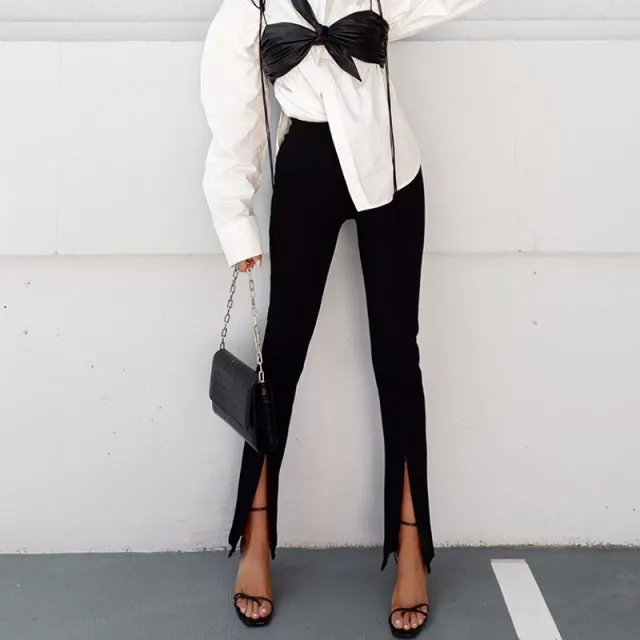 Winter Women'S Solid Color Slim High Waist Fashion Split Casual Straight Leg Pants Women Black - Shop at LoveMi