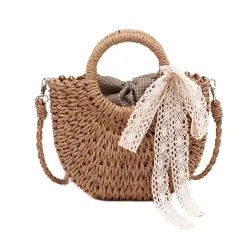 Women Hand-Woven Handbag Moon Shape Lace Bow Rattan Bag - Tan - View 1