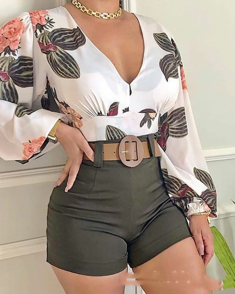  Spring V Neck Tropical Print Long Sleeve 