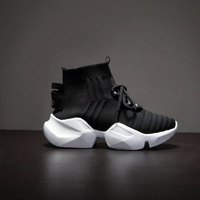 High-Top Breathable Womens Shoes Muffin Thick-Bottom Stretch Casual Sports Socks Shoes - Black