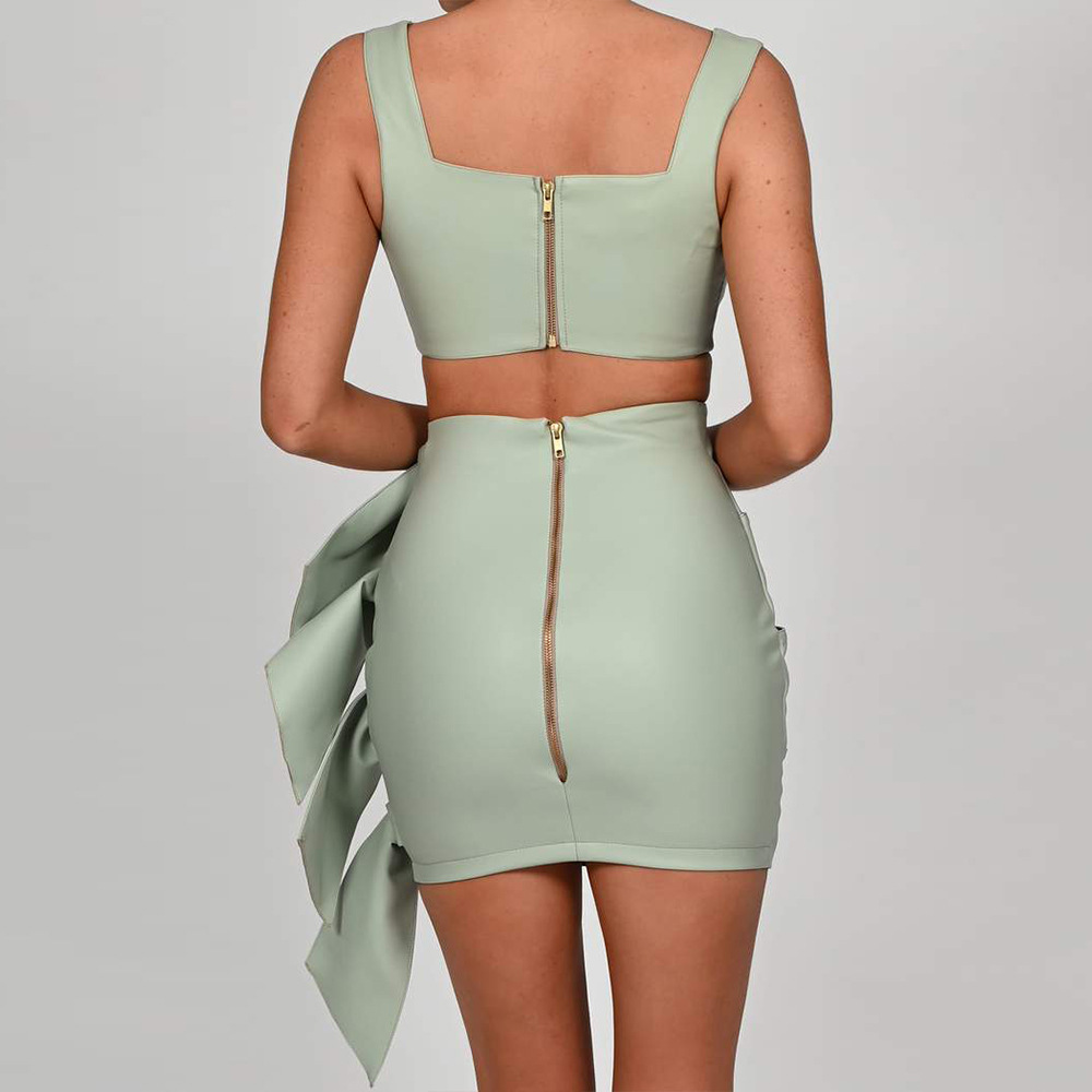 High-End Pu Leather Crop Top And Skirt Suit