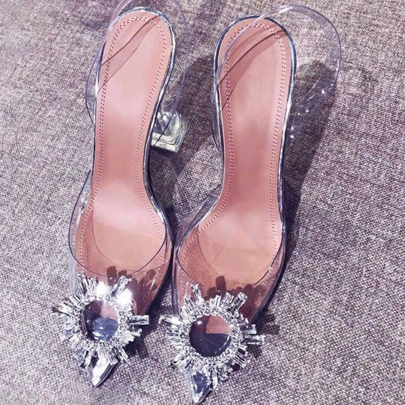One Word Lace Shoes High-heeled Winter Women Transparent Crystal Female Baotou Ladies Style