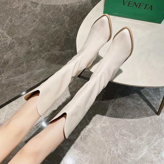 Cowboy Boots Women Retro Long Boots Pointed Toe White - Shop at LoveMi