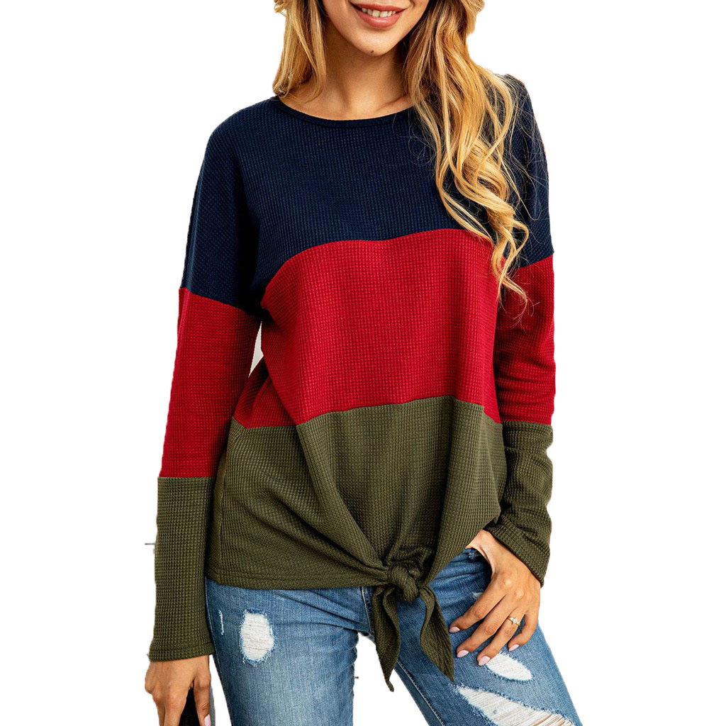 Ladies Contrast Twisted Long Sleeve Loose Pullover T-Shirt Top