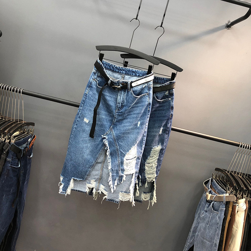 High-waisted A-line Split Mid-length Skirt With Raw Edges And Slits