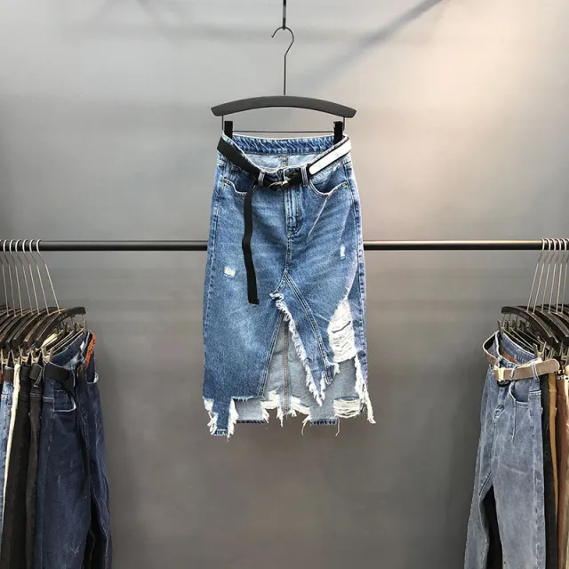 High waisted A line Split Mid length Skirt With Raw Edges And Slits Blue - Shop at LoveMi