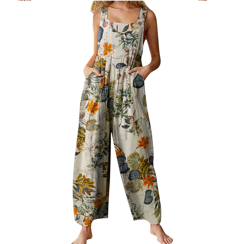 Ladies Fashion Ethnic Style Patchwork Printed Button Jumpsuit Overalls Trousers