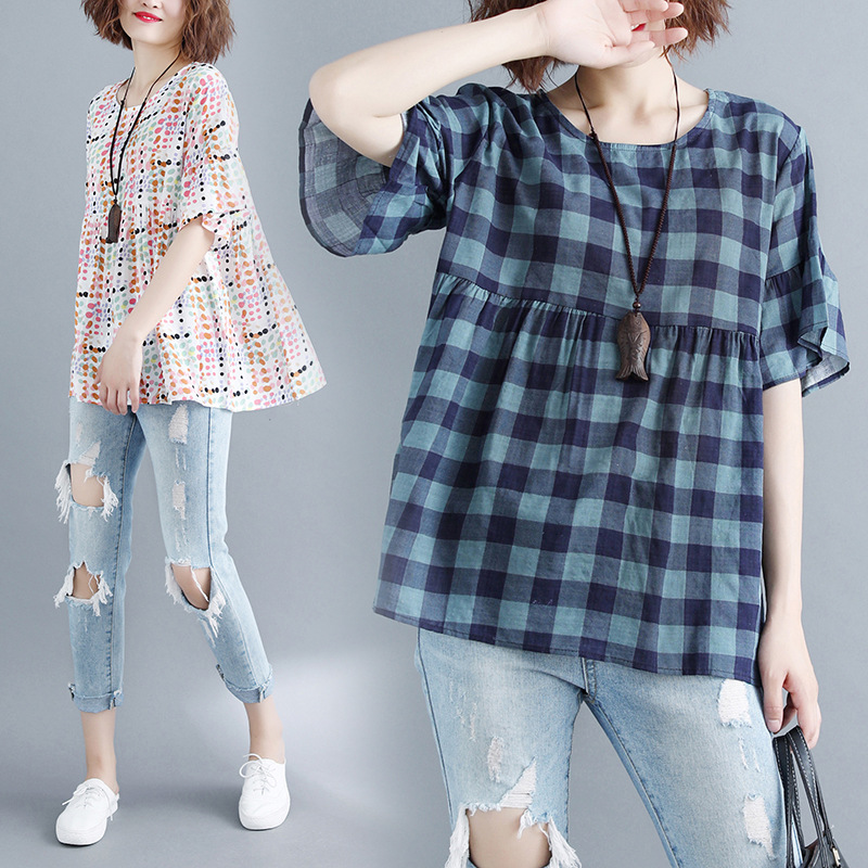 Literary Plus Size T-Shirt Loose Short-Sleeved Thin Round Neck Pullover Plaid Top