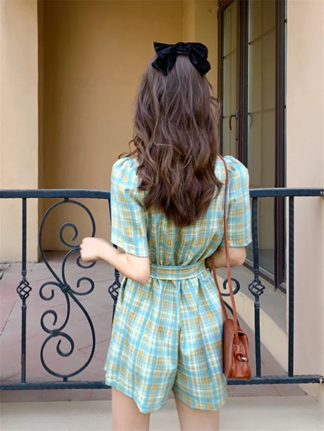 Suit Plaid Puff Sleeve Retro Style Temperament Waist Fairy One piece Pants Green - Shop at LoveMi
