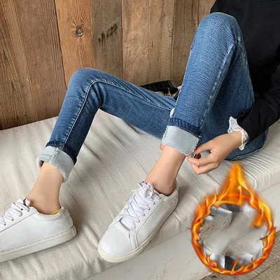 Fleece Pants Women'S Autumn And Winter New High Waist Slim Nine Points Plus Cotton Jeans Warm Leggings Outer Wear Trousers 4 Style 31 - Shop at LoveMi