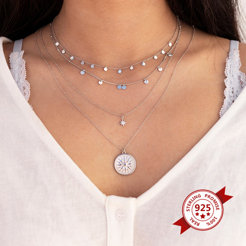 S925 Silver European And American Trend Baroque Sun Embossed Round Brand Pendant Sweater Chain Female Wild Fashion Necklace Female