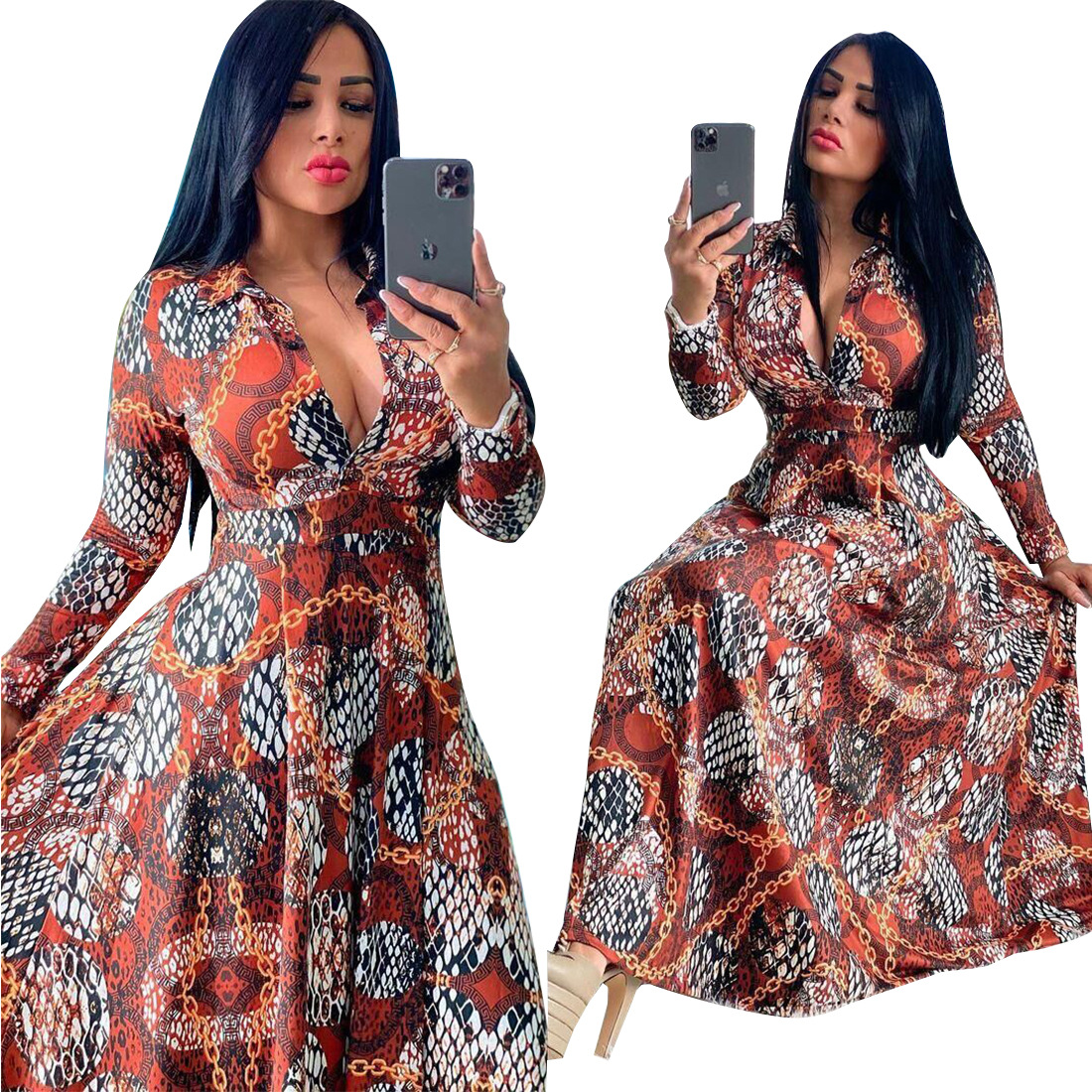 Digital Printed Slim Casual Long One-piece Dress