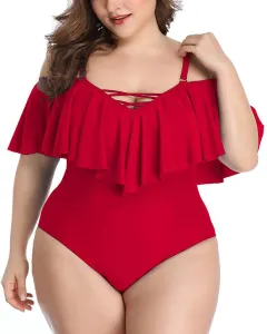 Cross Solid Color Ruffled Large Size Slim Bikini Swimsuit - Red - View 1