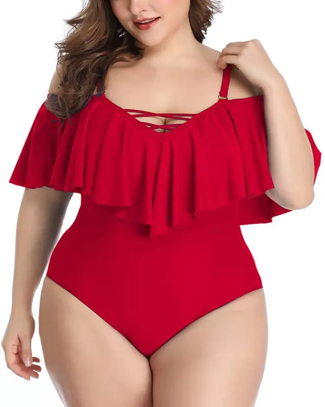 Cross Solid Color Ruffled Large Size Slim Bikini Swimsuit Red - Shop at LoveMi