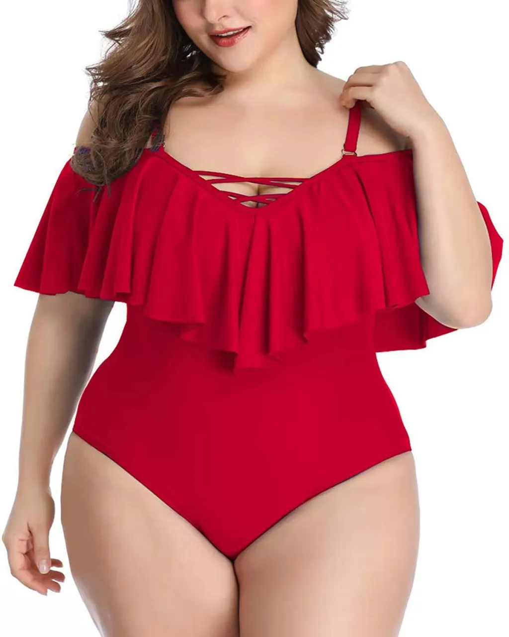 Cross Solid Color Ruffled Large Size Slim Bikini Swimsuit - Red