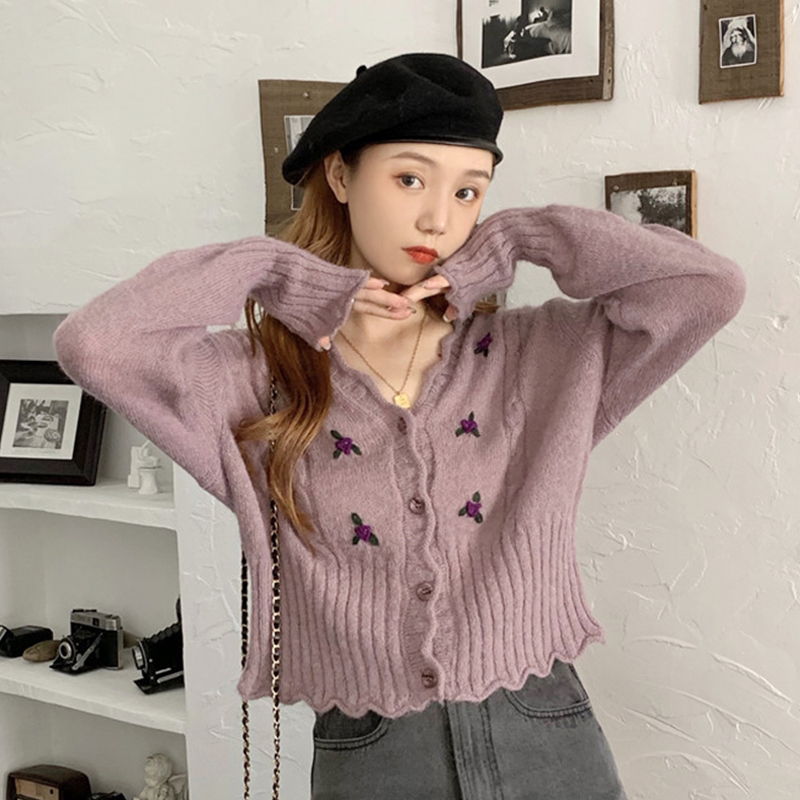 Purple Knit Cardigan Women'S Spring Autumn Thin Sweater Jacket Gentle Wind V-Neck Short Top