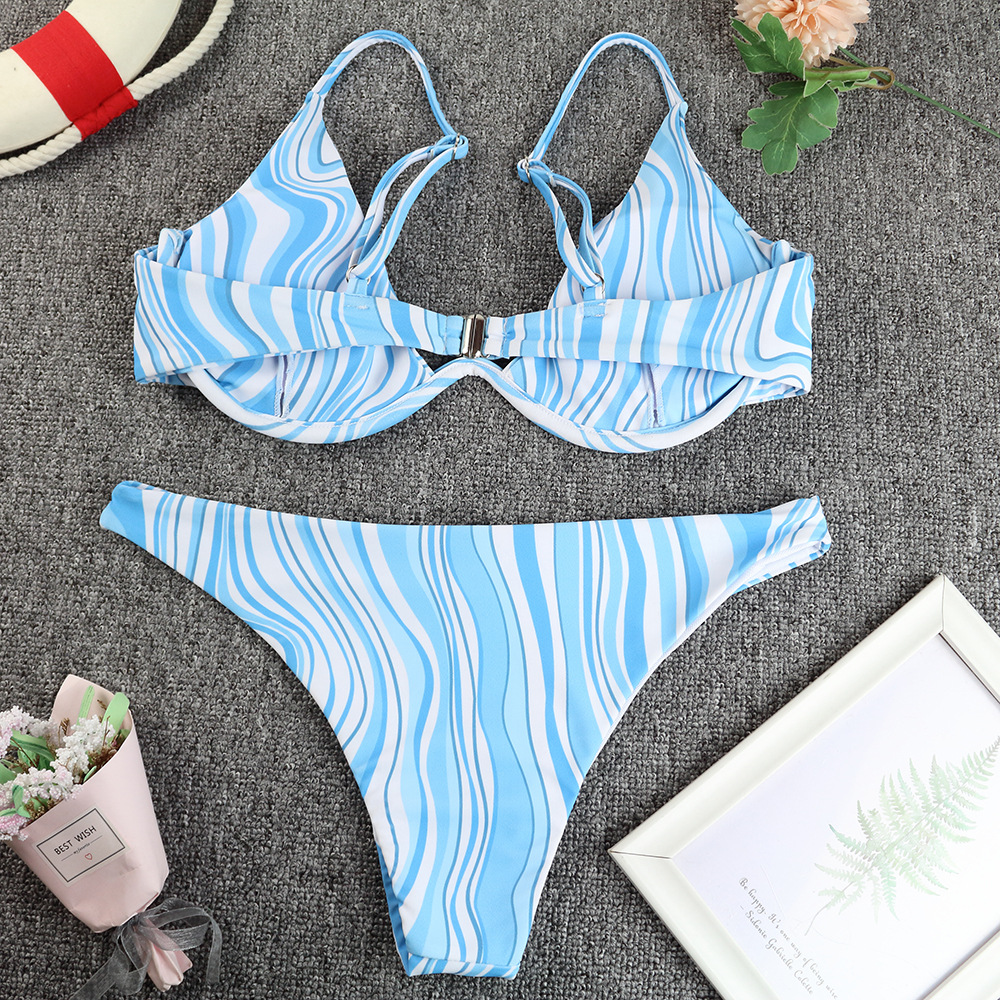 Split Swimsuit Women’S Solid Color Printed Water Ripple Sexy Bikini Ladies Swimsuit