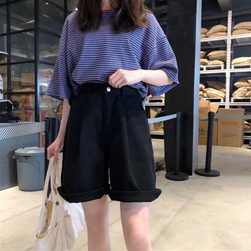 Harajuku Bf Wind High Waist All-Match Straight Wide Leg Shorts Women