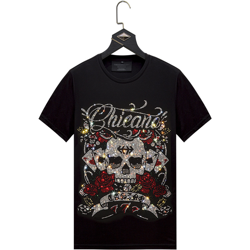 Skull Hot Rhinestone T-shirt Men's Short Sleeve New Ice Silk Clothes