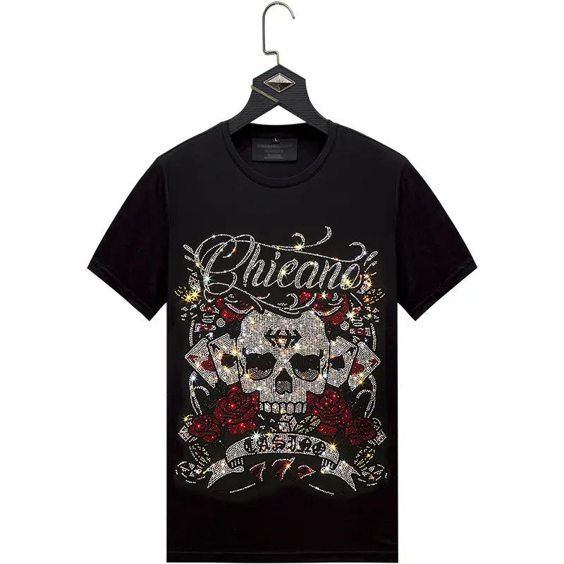 Skull Hot Rhinestone T-shirt Men's Short Sleeve New Ice Silk Clothes