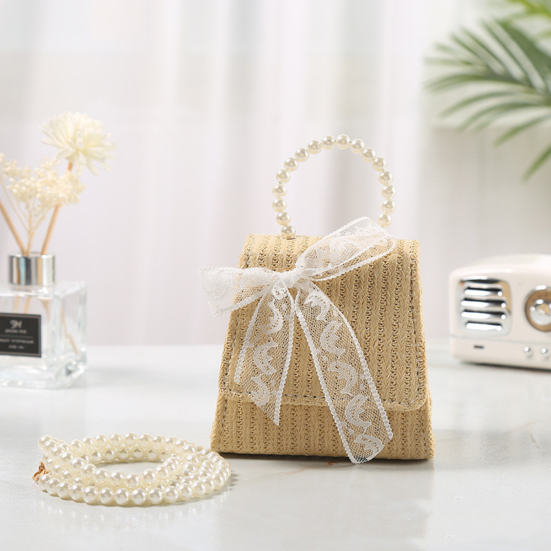Refreshing Bow Knot Straw Woven Bag Pearls Apricot - Shop at LoveMi