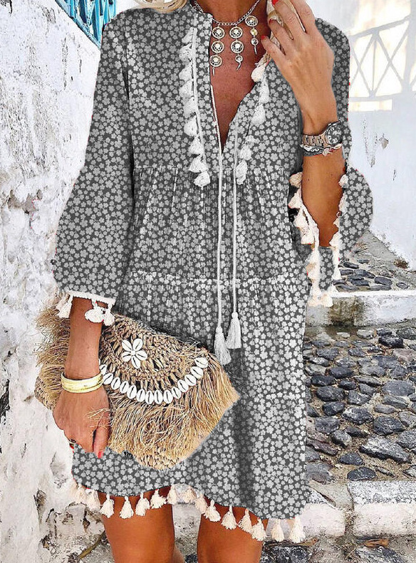 Plus Size Women V Neck Lace Up Tassel Autumn Dress