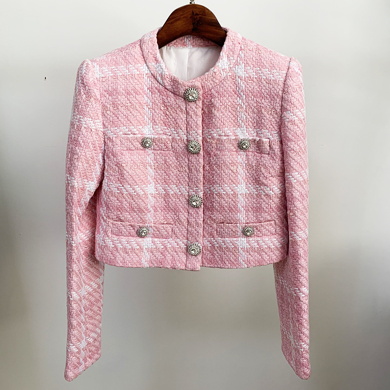 Autumn And Winter High-Definition Fabric Diamond-Studded Buttons Small Fragrant Pink Plaid Woven Woolen Jacket Small Coat