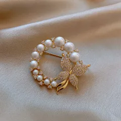 Vintage Diamond-Studded Butterfly Pearl Ring Brooch Fashion Style Dongdaemun - Golden - View 1