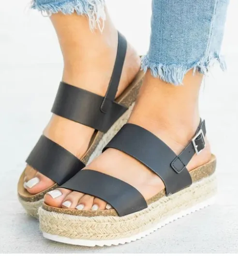 Open toe flat hemp mid heel rubber buckle sandals Black - Shop at LoveMi