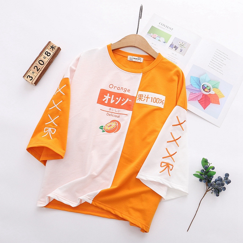 Japanese Embroidered Orange Color Matching Loose Short-Sleeved T-Shirt