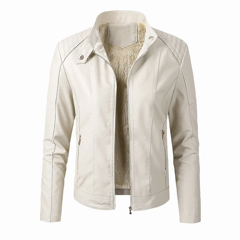 New Women's Leather Jackets Plus Velvet Jackets Fashion PU Ladies Leather Jackets - Beige