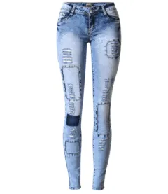 Summer Style Low Waist Sky Blue Patchwork Skinny Tights Women Pencil Jeans High Stretch Sexy Push Up Denim Women Fashion Jeans - Blue - View 1
