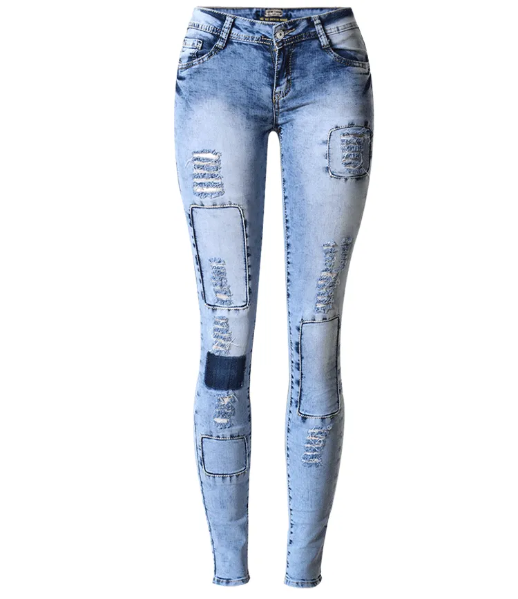 Summer Style Low Waist Sky Blue Patchwork Skinny Tights Women Pencil Jeans High Stretch Sexy Push Up Denim Women Fashion Jeans - Blue