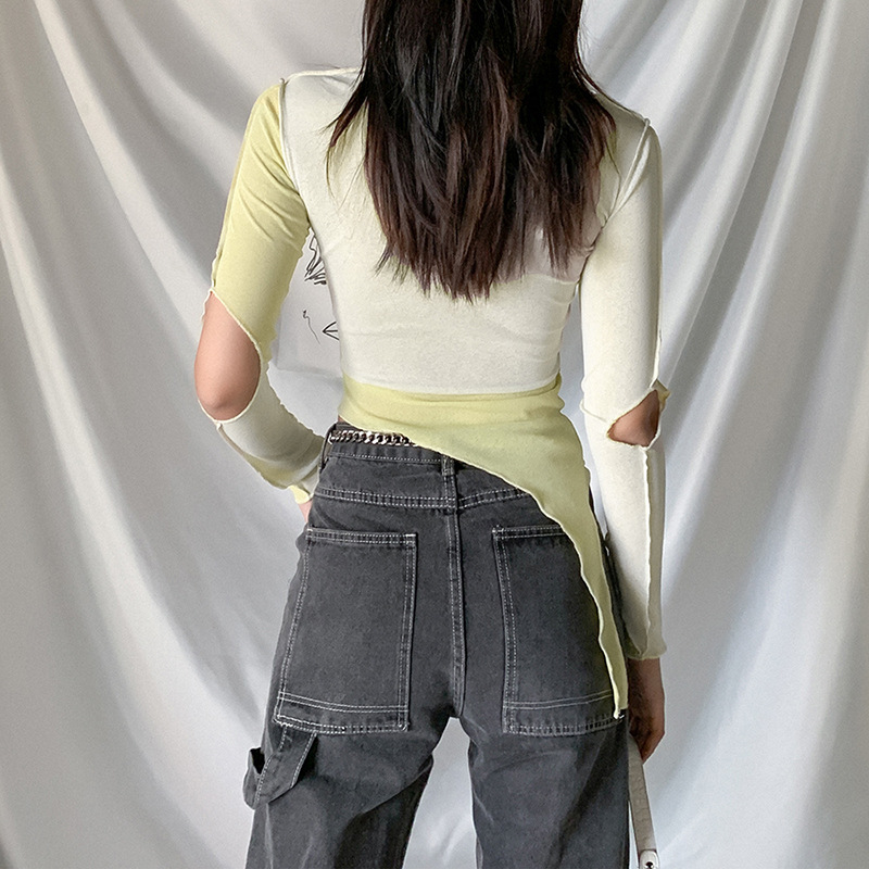 Ladies Slim Half High Neck Fashion Stitching Irregular Navel Bare T-shirt