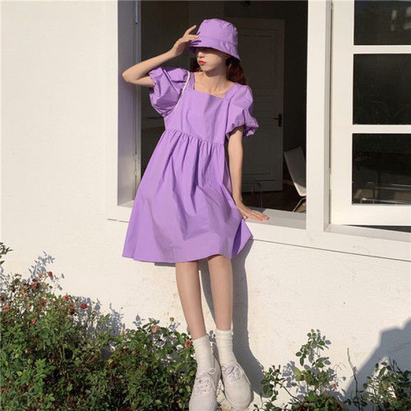 Bubble Sleeve Dress Women'S Summer New Temperament Platycodon French Square Neck Sweet High Waist Purple Skirt