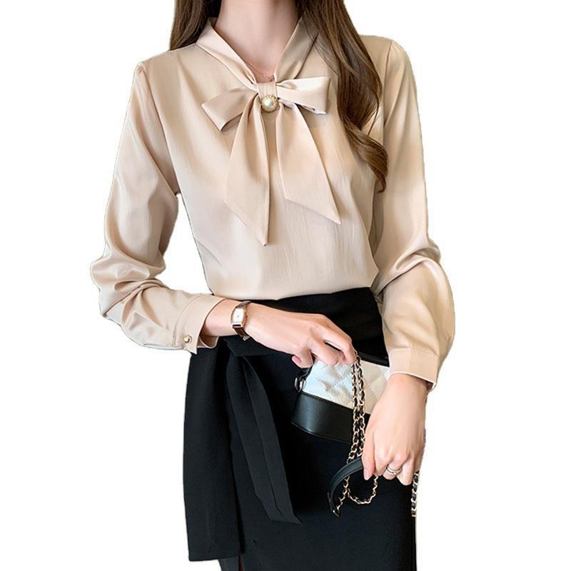Spring New Bow Satin Long Sleeved Inner Shirt Blouse