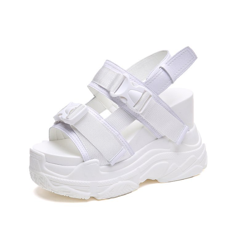 New Summer Mid Heel Muffin Bottom Velcro Cut Out Women'S Sandals White - Shop at LoveMi