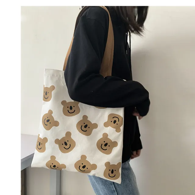 New Canvas Shoulder Shopper Bag for Women Girl Cartoon Bear White Female Handbags Cloth Shopping Bags Ladies Tote Beach Bag White - Shop at LoveMi