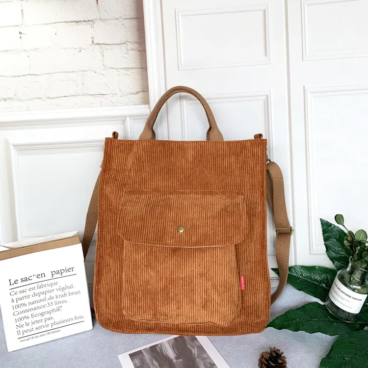 New Corduroy Messenger Bag Female Korean Student Canvas Bag Large-Capacity Literary And Artistic Simple Canvas Handbag - Brown