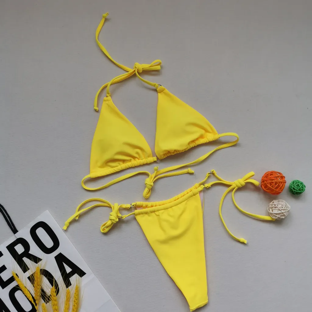 Multicolour Bikini Sexy Split Swimsuit Halter Tie - Yellow