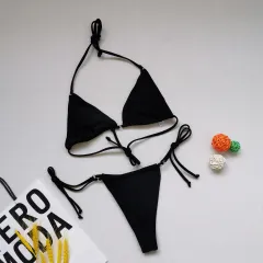 Multicolour Bikini Sexy Split Swimsuit Halter Tie - Black - View 1
