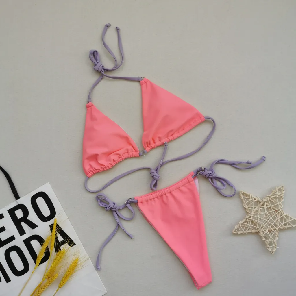 Multicolor Bikini Sexy Split Swimsuit Halter Tie - Pink