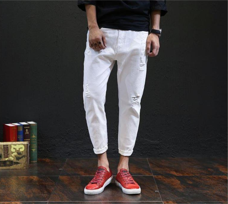 White Jeans Male Harem Pants Summer Ripped Jeans
