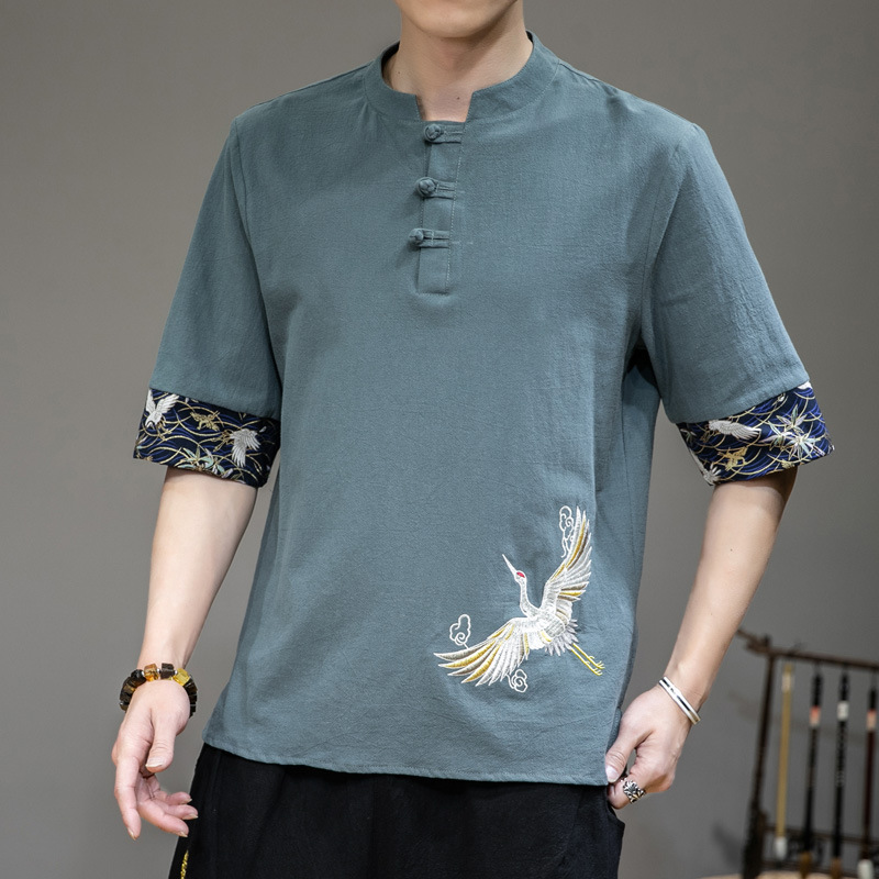 Summer Chinese Style Crane Embroidery Thin T-shirt