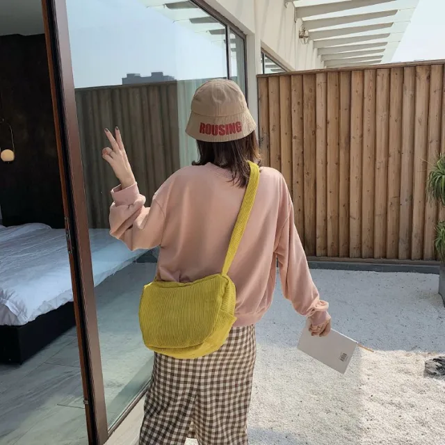 Spring And Summer New Korean Pure Color Simple Retro Wild Corduroy Shoulder Bag Literary Forest Girl Messenger Bag Yellow - Shop at LoveMi