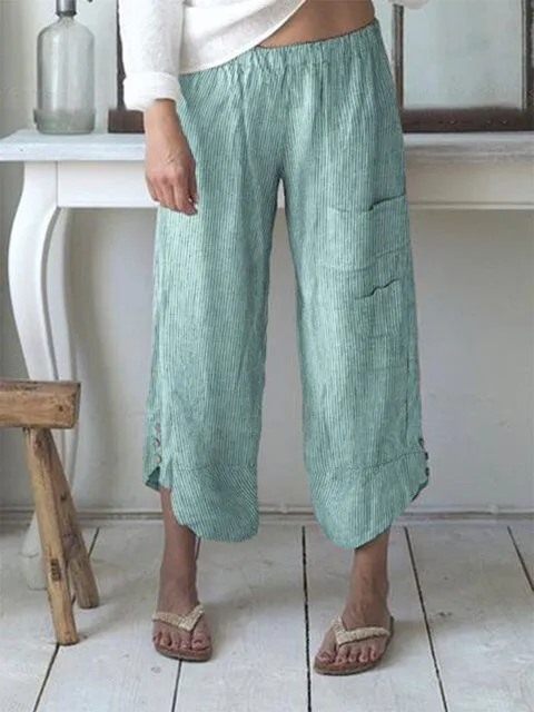 Women's Striped Pocket Button Cotton And Linen Wide Leg Cropped Trousers Green - Shop at LoveMi