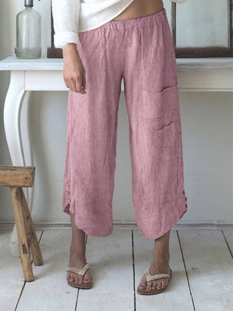Women's Striped Pocket Button Cotton And Linen Wide Leg Cropped Trousers Red - Shop at LoveMi