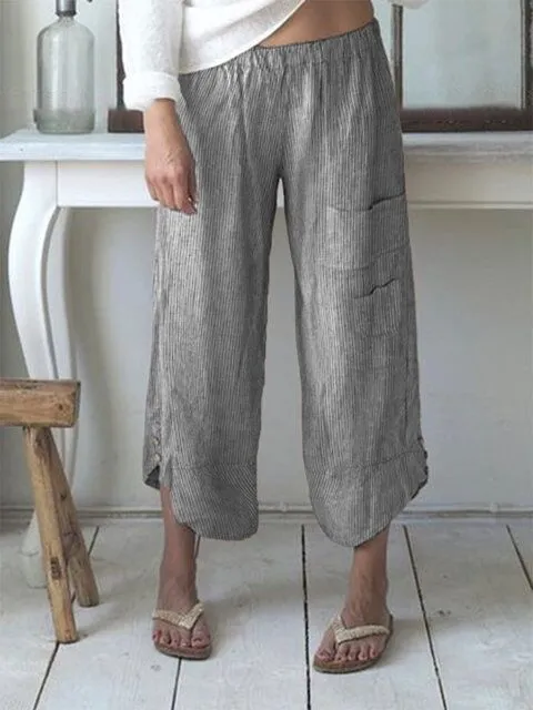 Women's Striped Pocket Button Cotton And Linen Wide Leg Cropped Trousers Grey - Shop at LoveMi