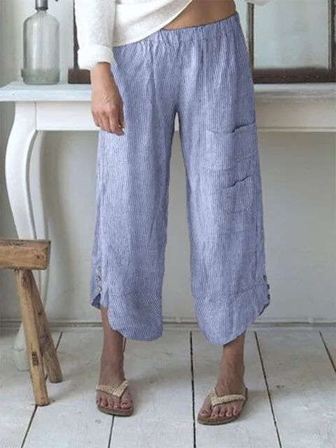 Women's Striped Pocket Button Cotton And Linen Wide Leg Cropped Trousers Blue - Shop at LoveMi